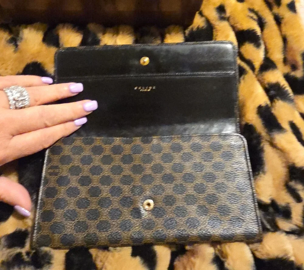 Celine Black and Brown Monogram Fold-Over Wallet